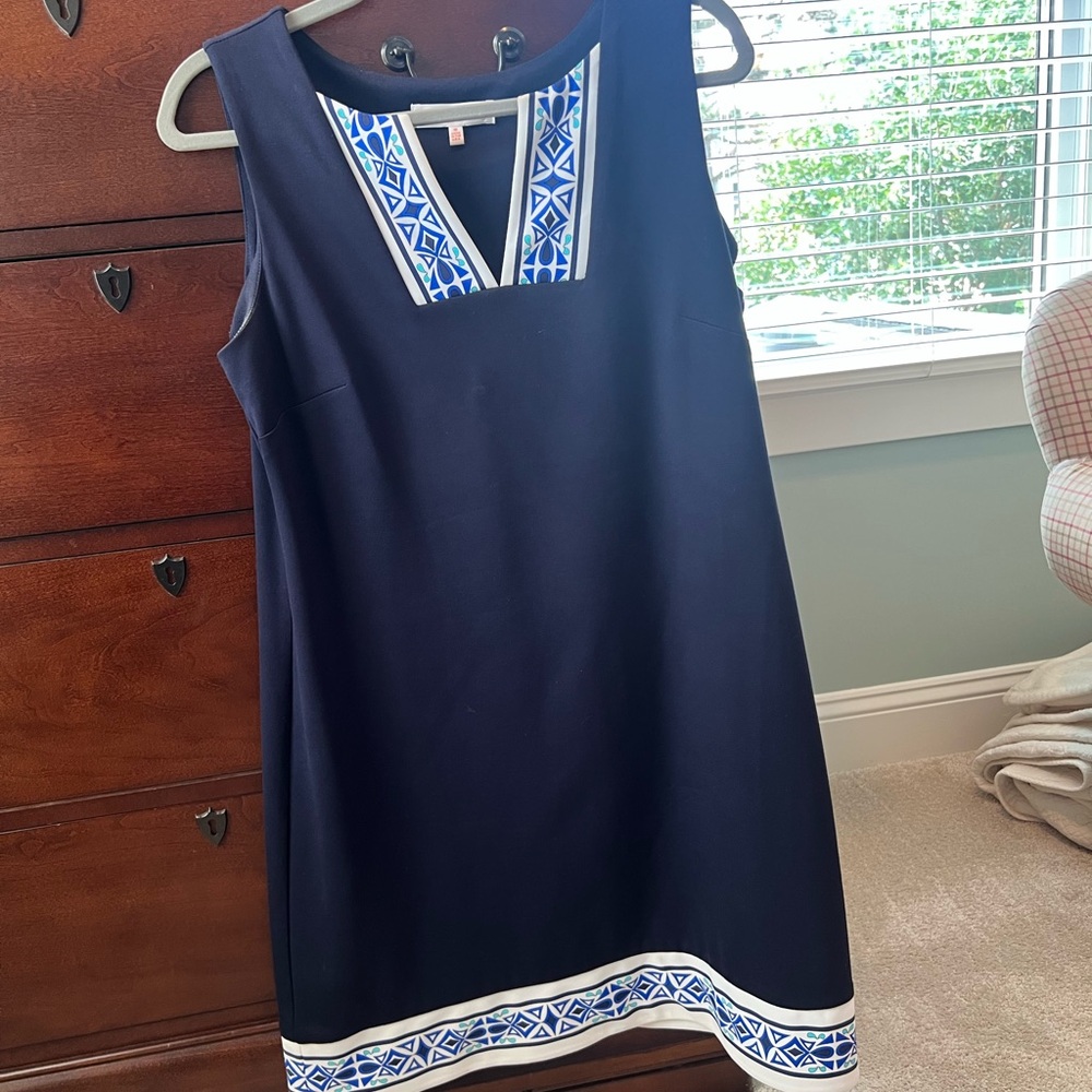 Jude Connally Navy Dress with Blue Geometric Trim